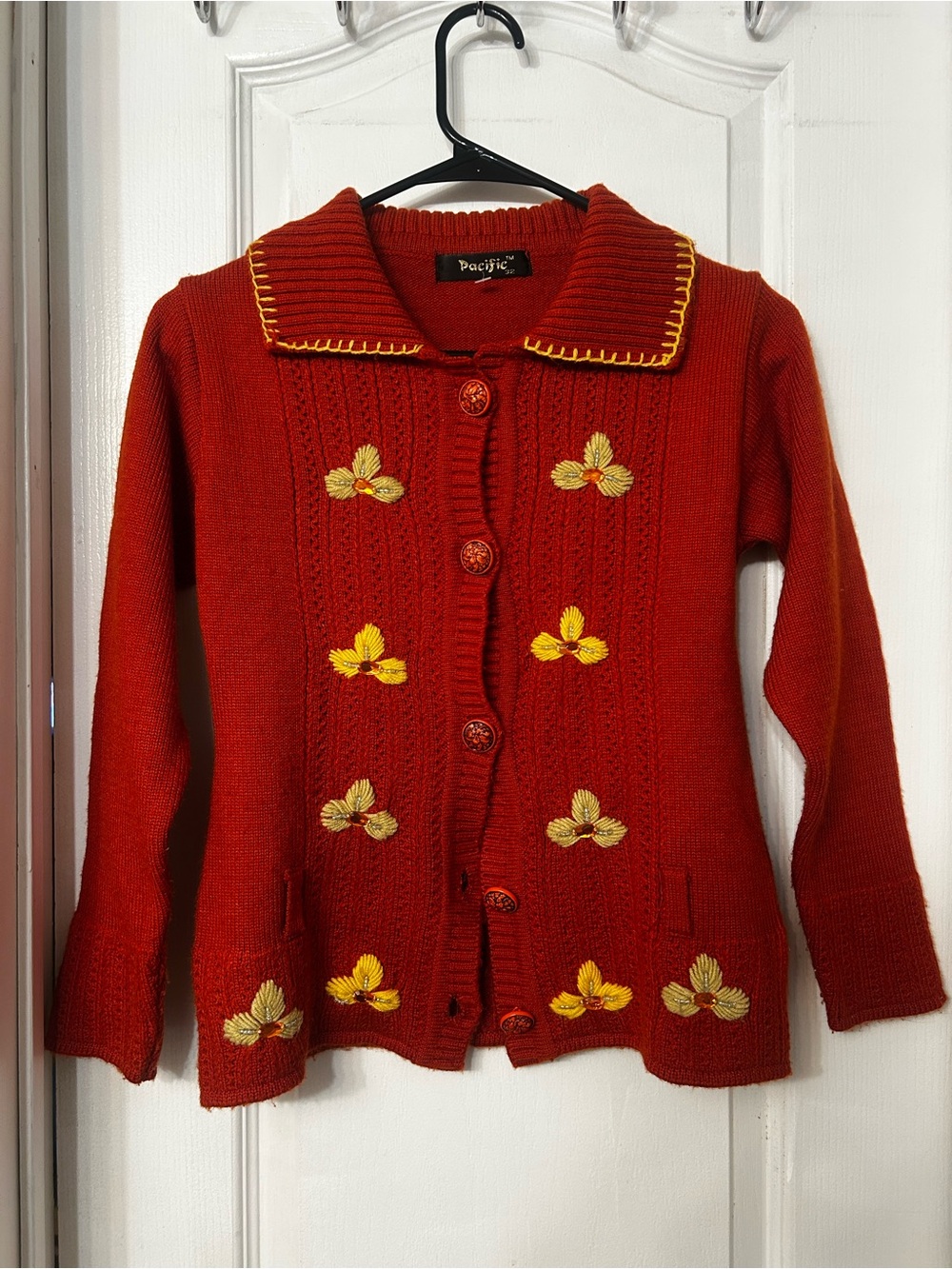 Orange Floral-Embroidered Button Cardigan Sweater